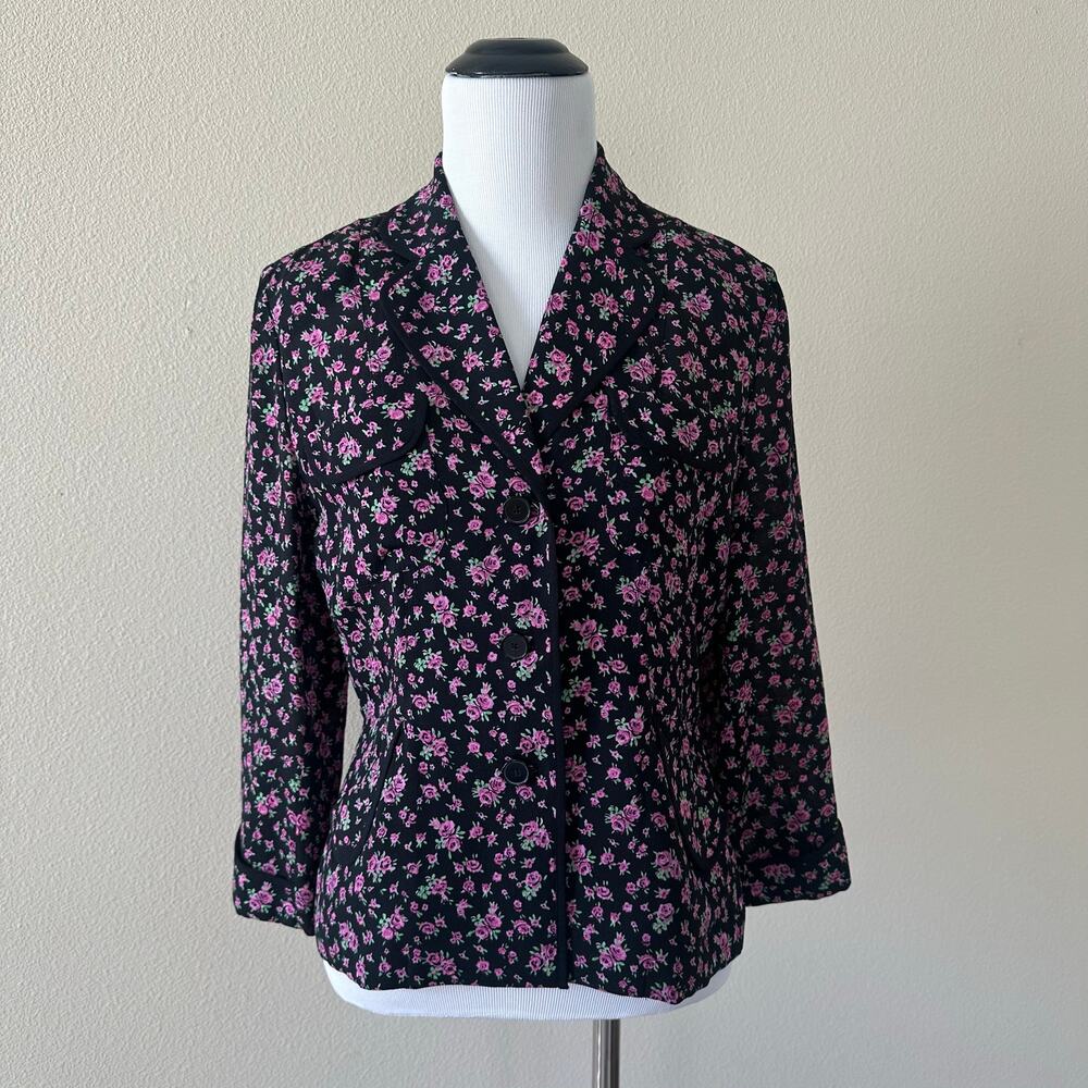 Vintage 1990's Jones New York 100% Silk Blouse Black Pink Floral Print Size US 4